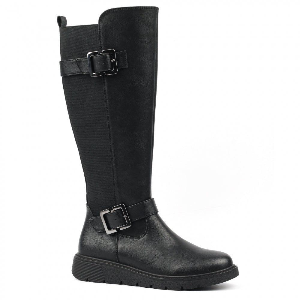 Devon Black Full Elastic Wide Fit Long Boot
