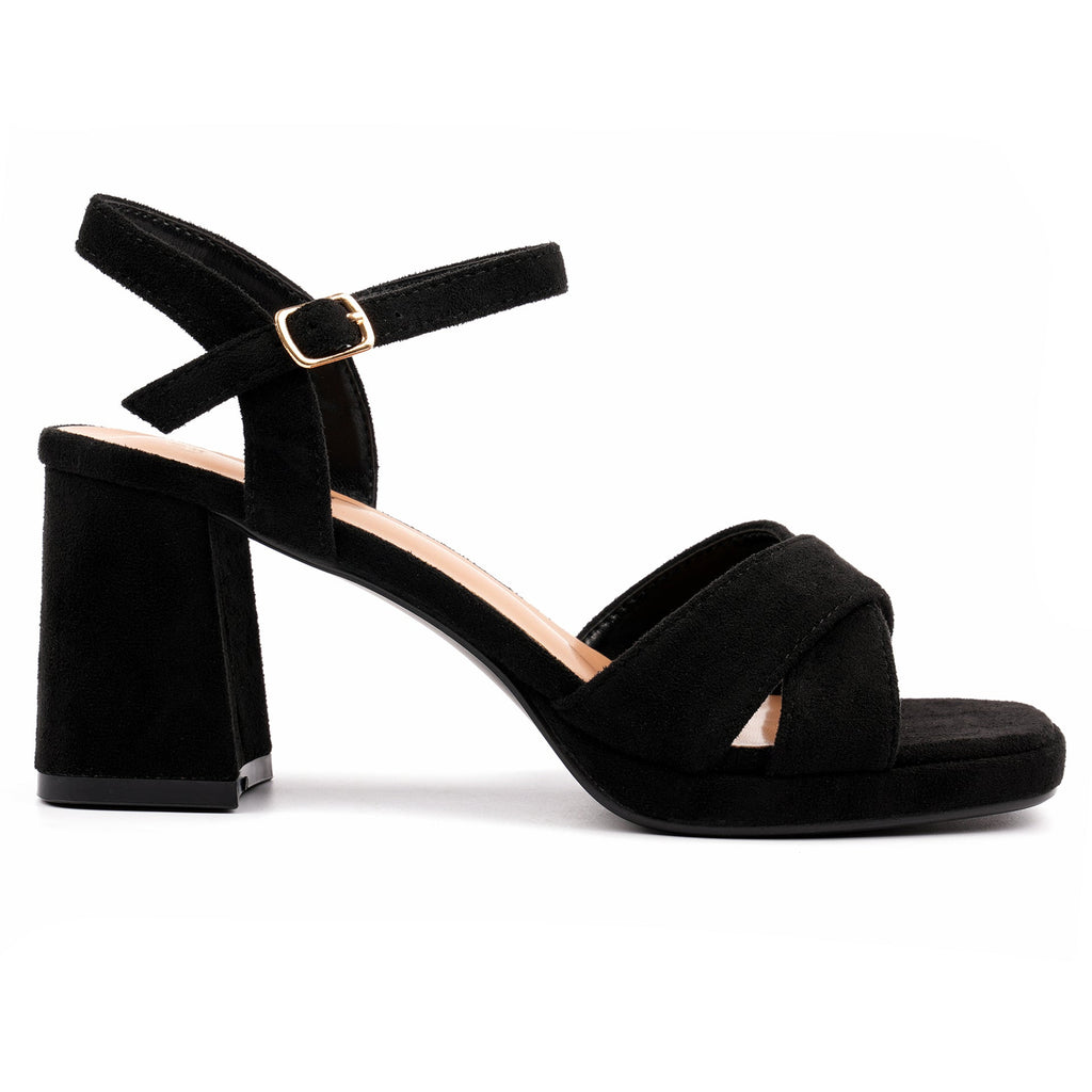 Justina Black Faux Suede Block Heel Sandal