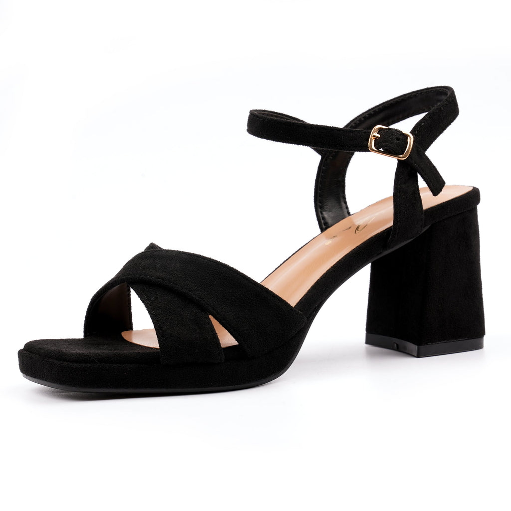 Justina Black Faux Suede Block Heel Sandal