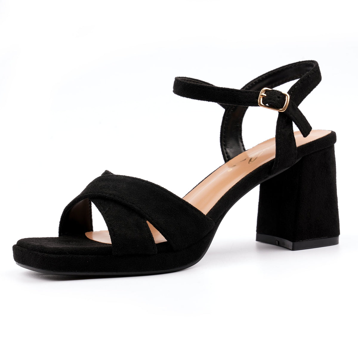 Justina Black Faux Suede Block Heel Sandal
