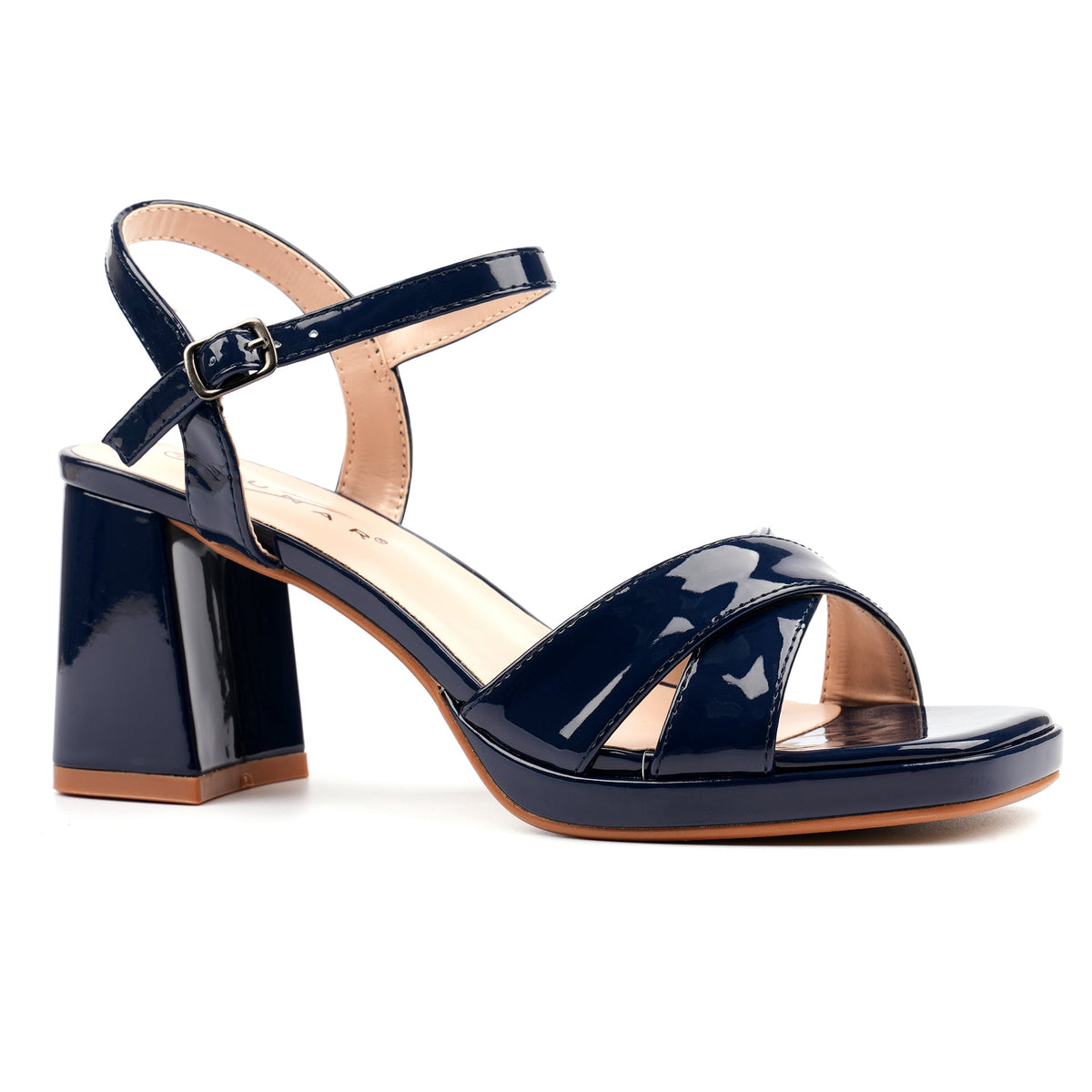Justina Navy Patent Block Heel Sandal